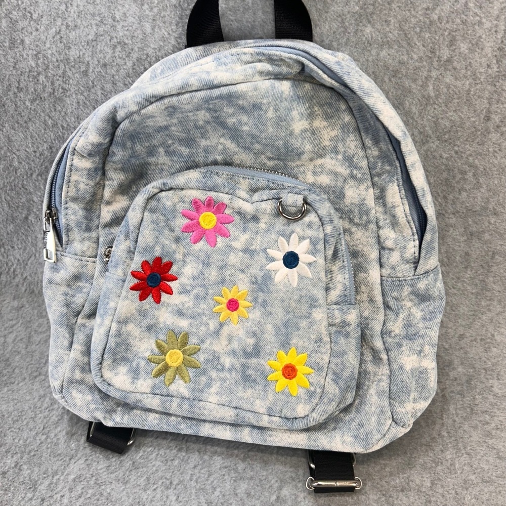 Embroidered Floral Womens Blue Acid Wash Denim Backpack Boho Mini OS